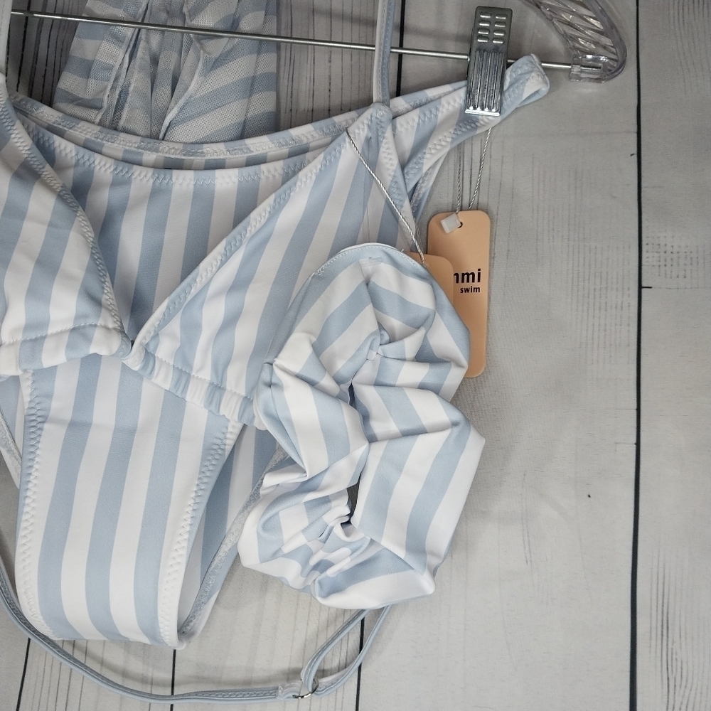 Jimmi Striped Blue and White Bikini Set With Wrap And Hair Tie Size M NWT - Picture 2 of 10